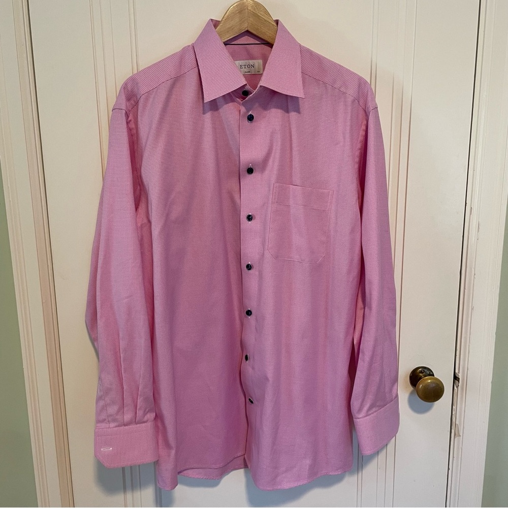 Eton Men's Checkered Pink White Cotton Dress‎ Shirt Neck 16.5